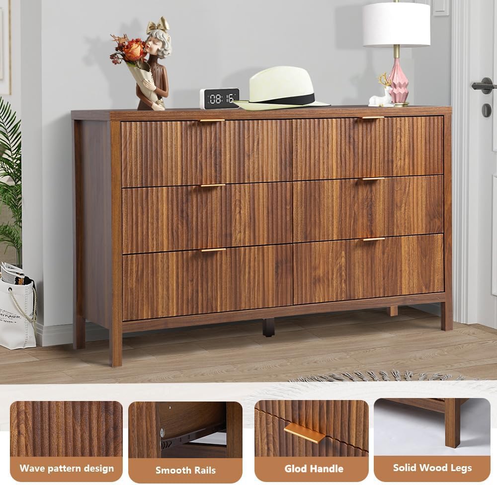 6 Drawer Solid Wood Dresser Cabinet - Farmhouse Style Nightstand with Storage, Mid Century Modern TV Stand for Bedroom & Closet Organization (Walnut) | Perfect for Bedroom, Living Room & Home Office Storage Solutions