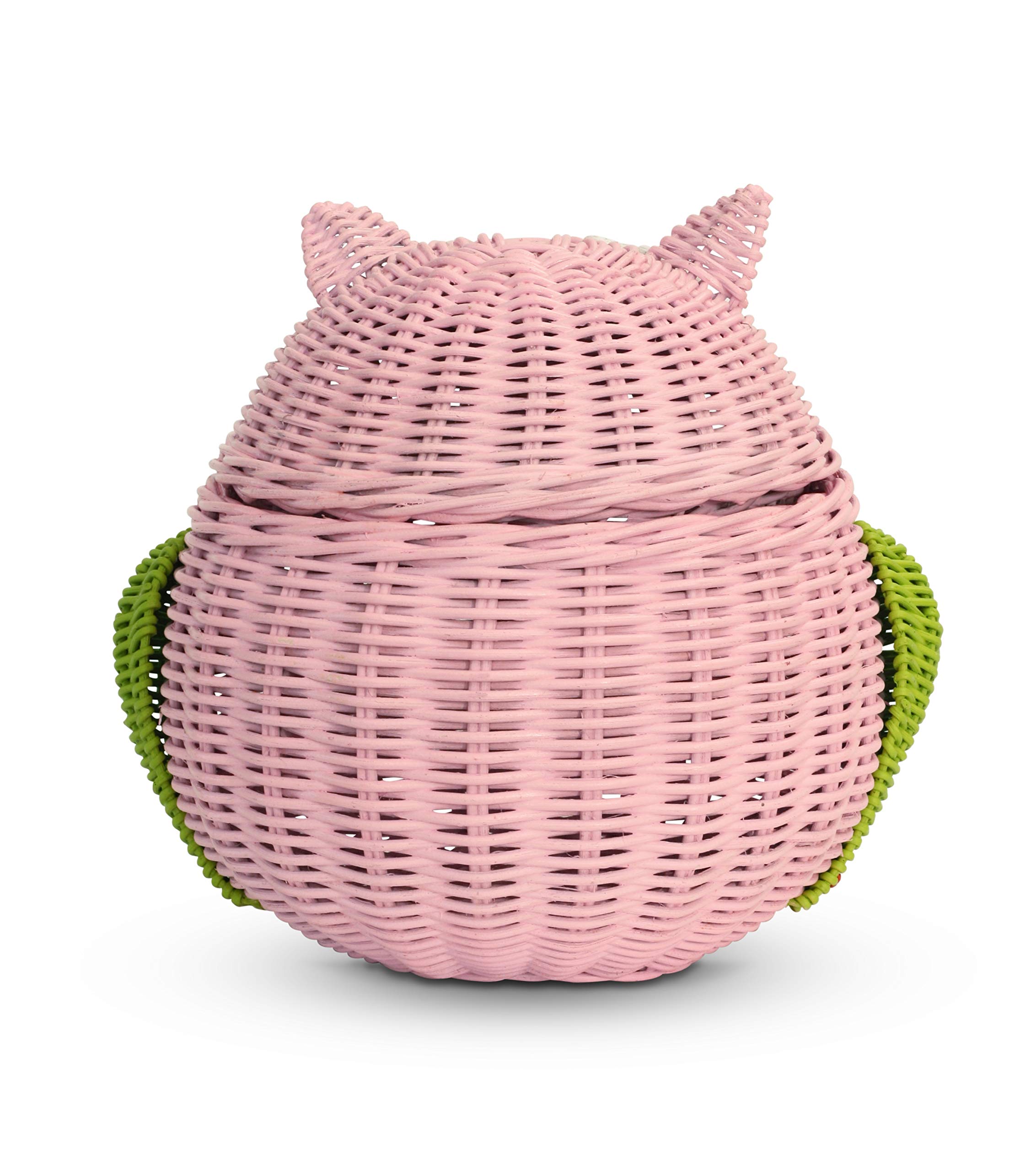 Owl Rattan Storage Basket with Lid - Hand Woven Decorative Bin for Home & Nursery Organization - Large Pink Wicker Hoot Owl Basket for Shelves, Baby Room Decor, and Gift Giving