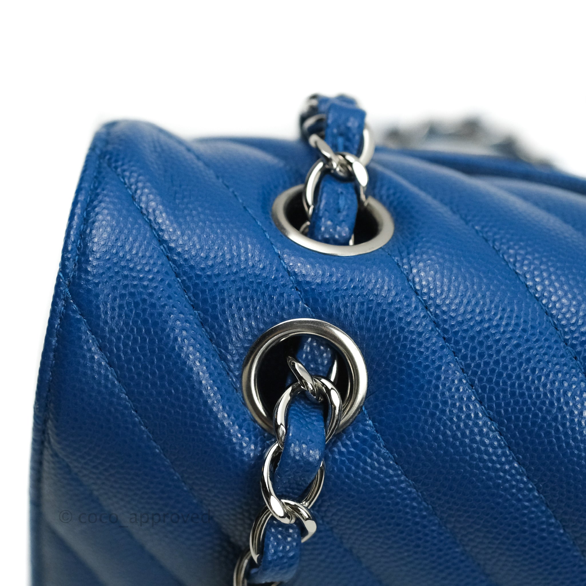 Chanel Classic Chevron M/L Medium Double Flap Bag in Blue Caviar Leather with Silver Hardware - Perfect for Work, Evening Events & Luxury Fashion Accessories