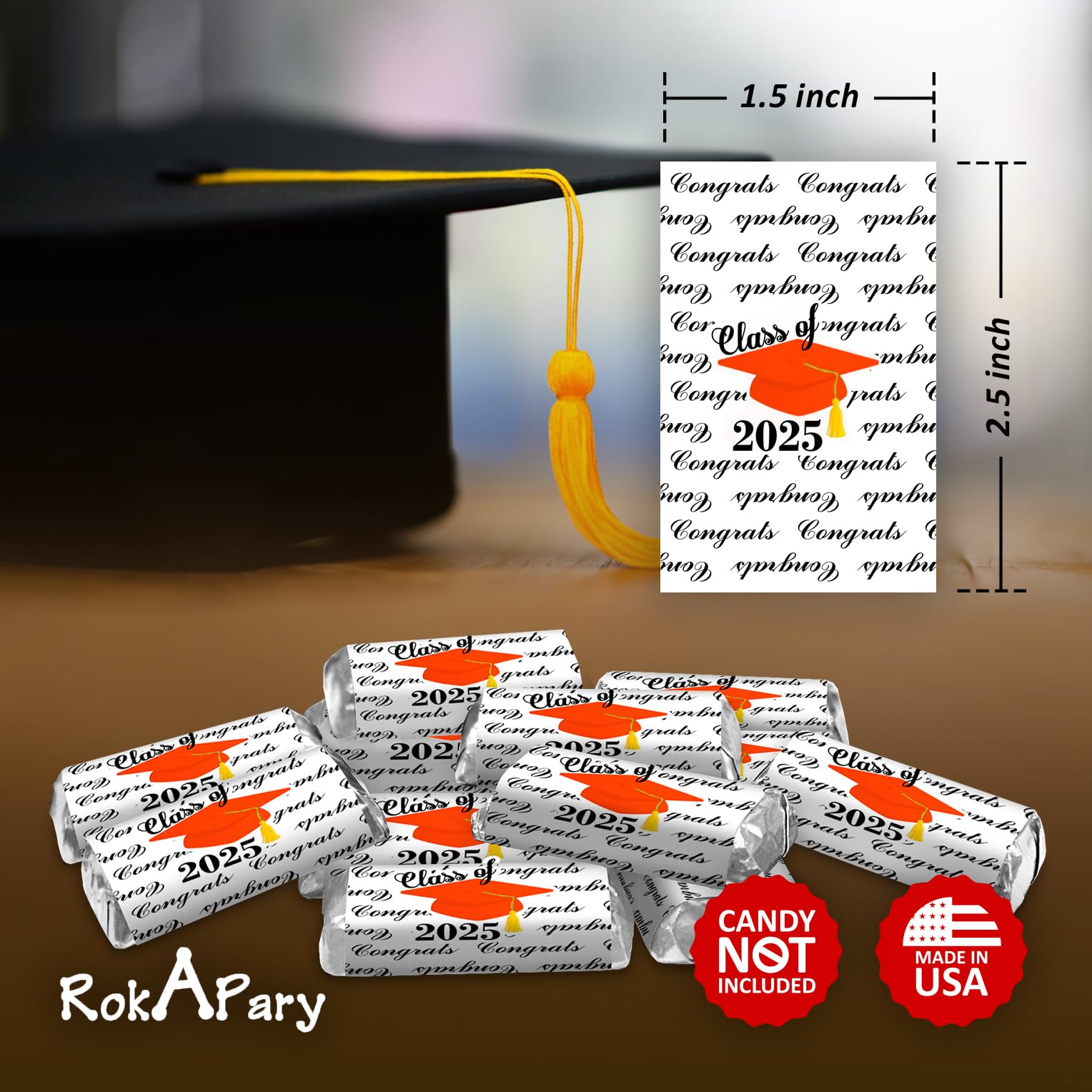 60pcs Class of 2025 Graduation Cap Mini Candy Wrappers - Orange Chocolate Bar Stickers & Labels (Candy Not Included) | Perfect for Graduation Parties, School Events & DIY Candy Gifts | Made in USA