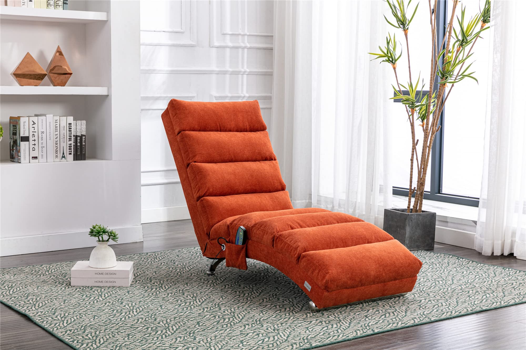 TURRIDU Modern Upholstered Chaise Lounge Chair with Massage Recliner & Side Pocket - Sturdy 4 Metal Legs Support, Armless Long Lounger for Bedroom, Living Room, Home Office - Orange | Perfect for Relaxing, Reading & Napping