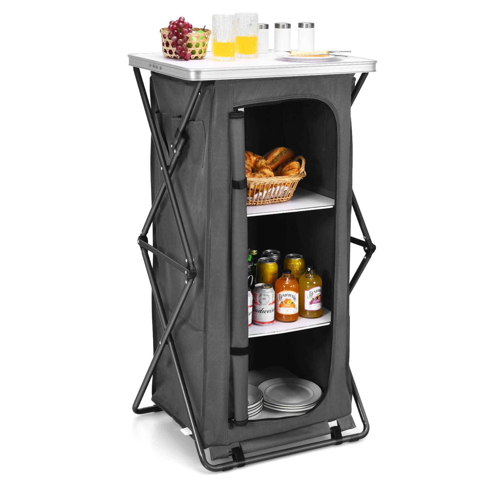 Giantex 3-Shelf Folding Camping Storage Cabinet with Carry Bag - Portable Outdoor Organizer for Camping, BBQ, Picnic & Backyard - Compact Pop-Up Cupboard (47