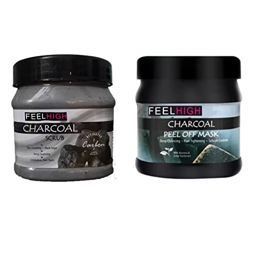 Feelhigh Charcoal Scrub & Peel Off Mask Set - 500ml Each | Deep Cleansing & Detoxifying Facial Kit for Acne & Blackhead Removal | Perfect for Spa Night & Self-Care Routine