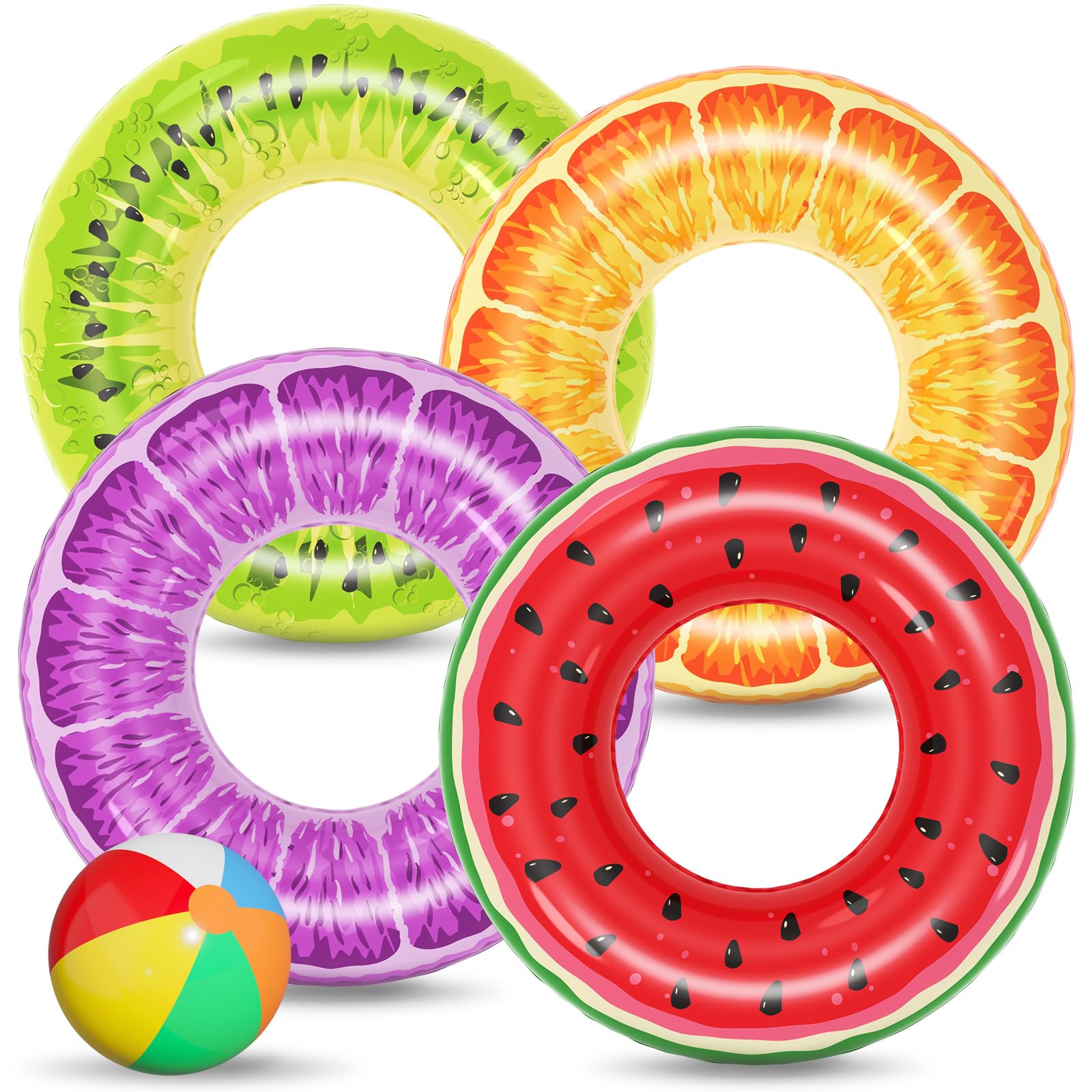 Jasonwell 4-Pack Inflatable Pool Floats - Watermelon, Kiwi, Orange, Grape Swim Rings for Kids & Adults | Fun Pool Party, Lake & Beach Water Toys for Summer Relaxation
