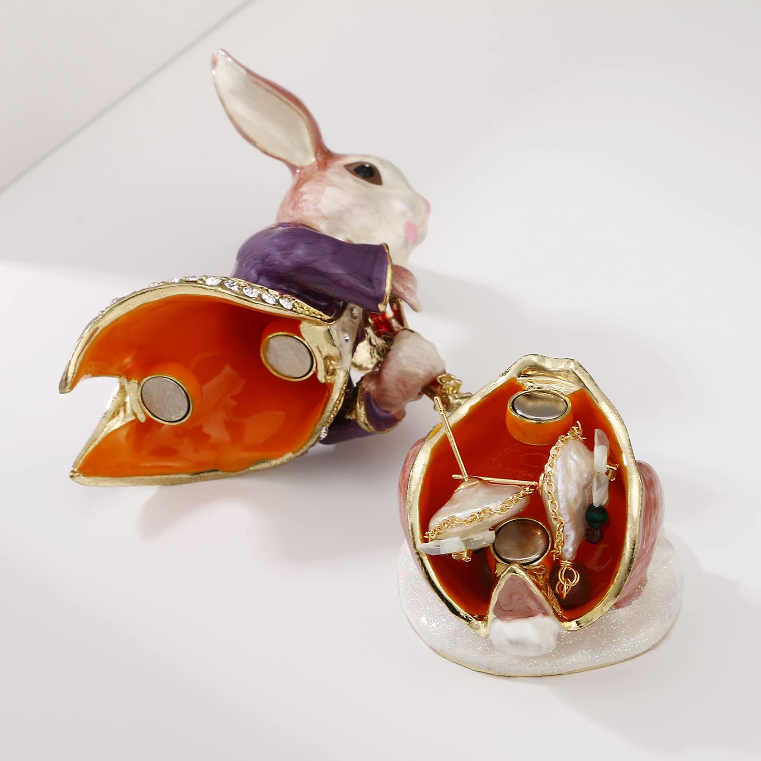 Hand-Painted Animal Trinket Box - Elegant Enamel Jewelry Organizer for Rings & Earrings, Unique Keepsake Collectible with Hinged Lid, Personalized Home Decor Gift (Rabbit-Violin Design) - Perfect for Bedroom Vanity, Wedding Favors & Special Occasion Gifts
