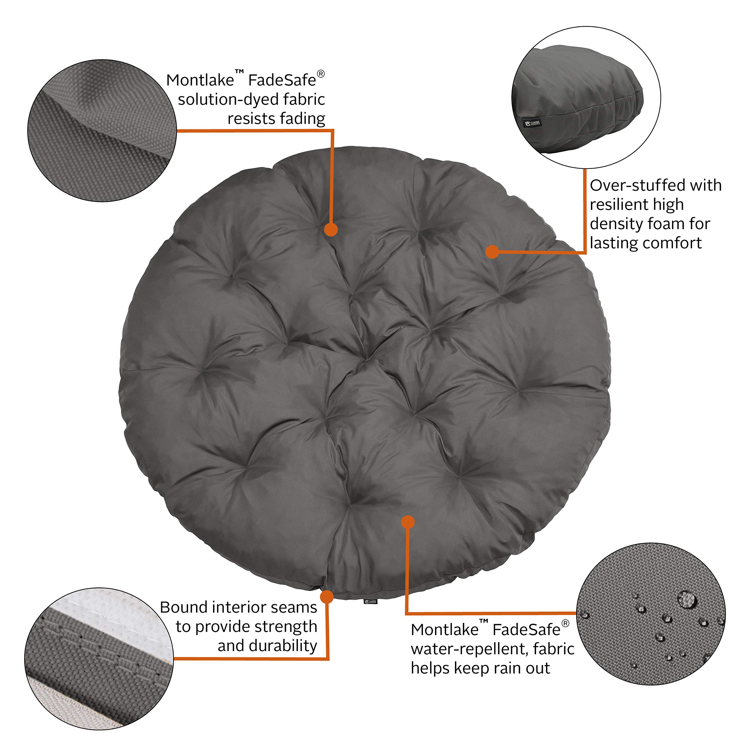 Classic Accessories Montlake 50 Inch Water-Resistant Papasan Cushion - Light Charcoal for Outdoor Use - Perfect for Patio, Garden, and Poolside Relaxation