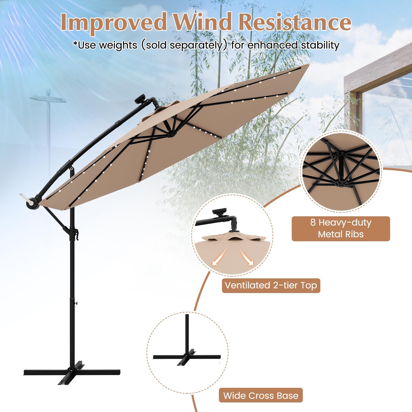 HAPPYGRILL 10 FT Outdoor Cantilever Umbrella with Solar Lights & Easy Tilt - 8 Ribs & Cross Base - Perfect for Patio, Deck, Poolside, Lawn, and Garden Relaxation