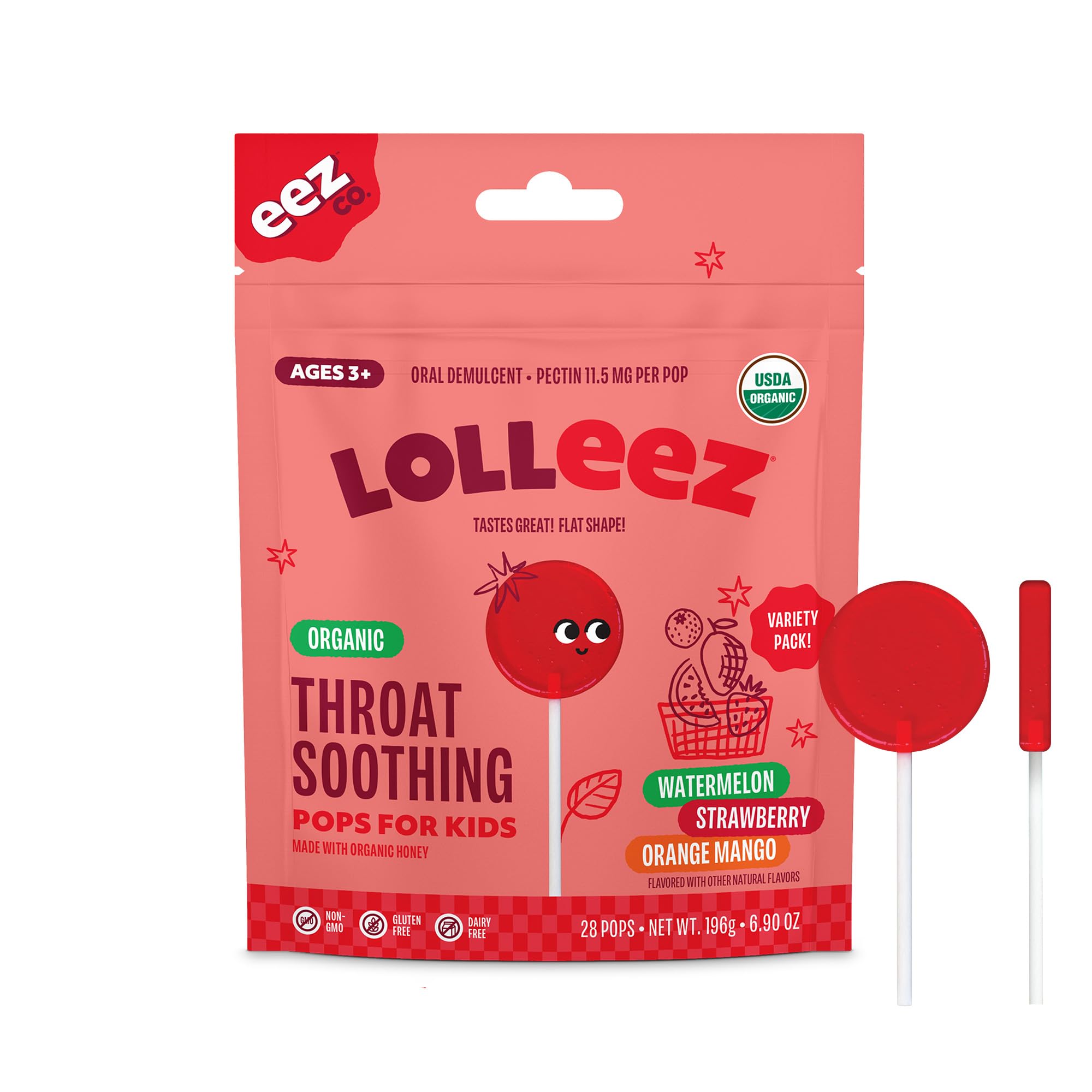 Organic Lollipops for Kids - Natural Sore Throat Relief with Strawberry, Watermelon & Orange Mango Flavors (28 Count) | Soothing Candy for Children's Cough, Cold & Throat Discomfort | Perfect for School, Travel & Home Use