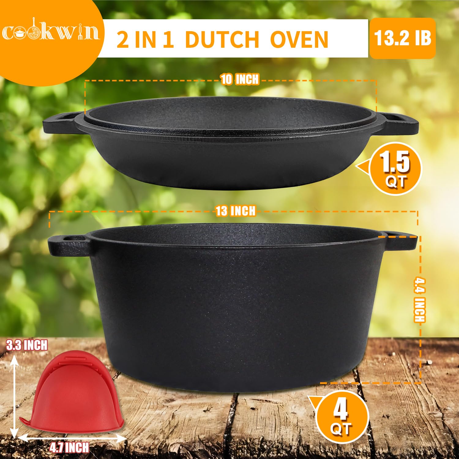 2-in-1 Pre-Seasoned Cast Iron Dutch Oven with Lid - 5.5 Quart Enameled Cookware Set for Camping, Lodge & RV - Perfect for Stews, Baking Bread & Outdoor Cooking