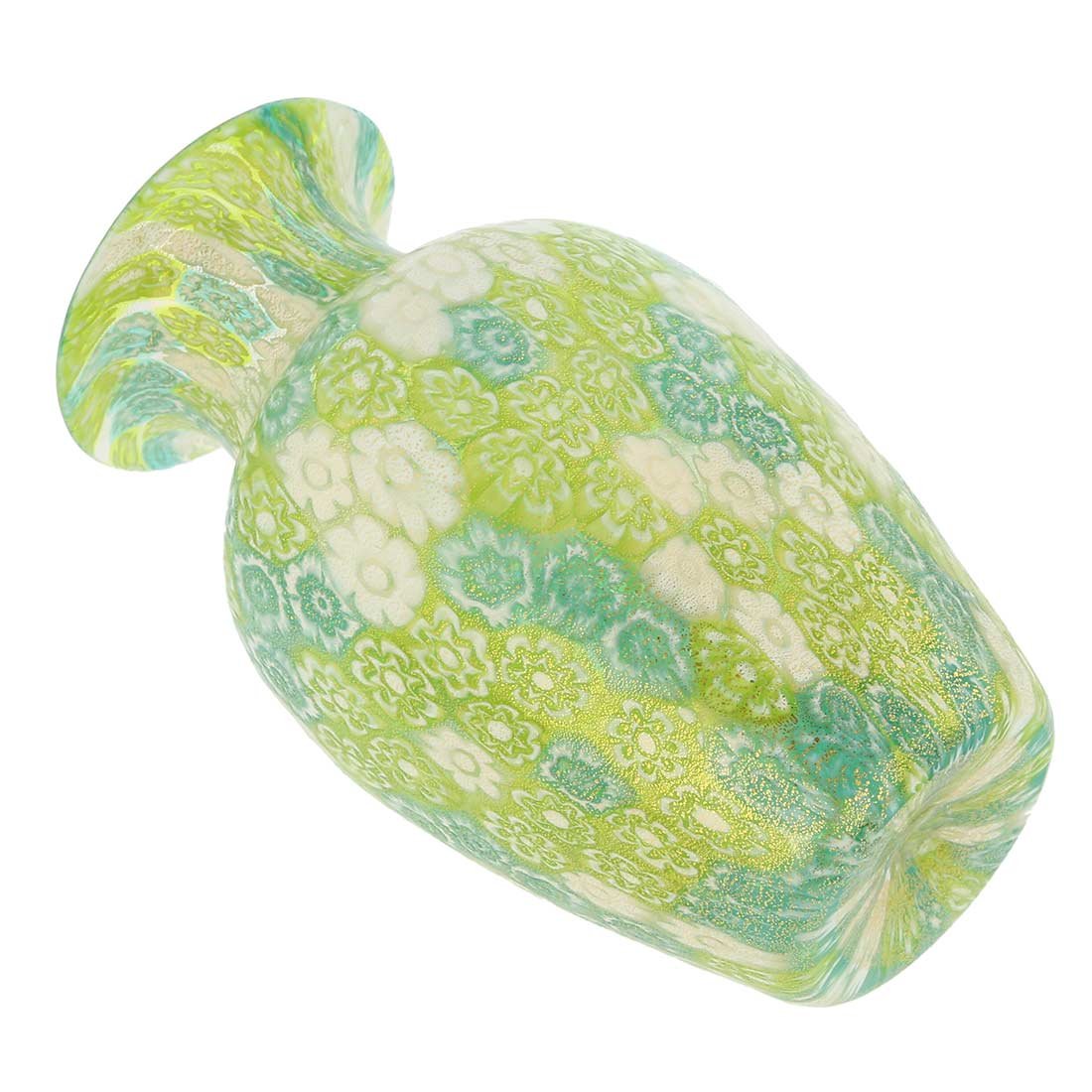 Venetian Murano Glass Golden Quilt Millefiori Urn Vase - Handcrafted Green Art Glass Vase for Home Decor, Wedding Centerpiece & Luxury Gift