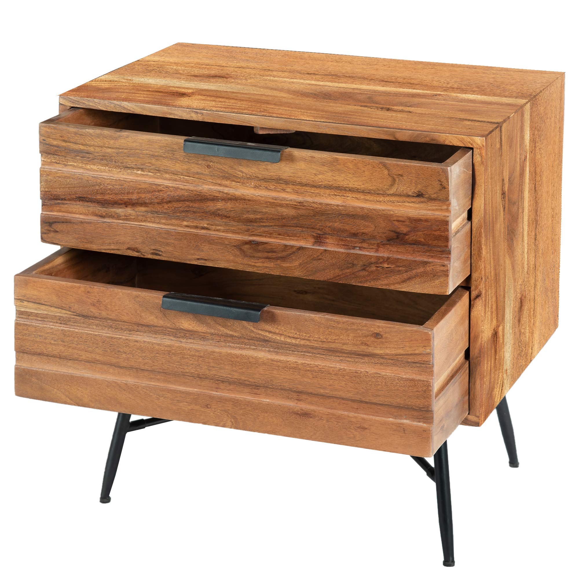 Modern Two-Drawer Wooden Nightstand with Angled Metal Legs - Brown & Black Finish | Bedside Table for Bedroom, Living Room, or Office