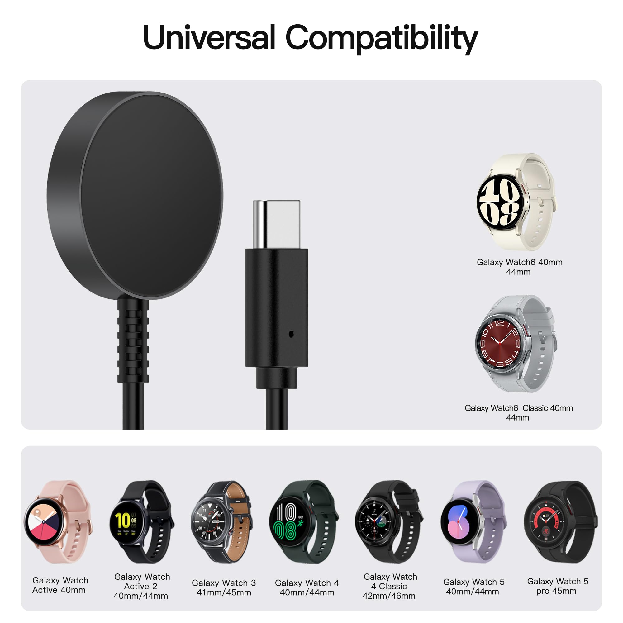Samsung Galaxy Watch Charger - USB C Wireless Charging Dock (1-Pack) | Fast Charging Cable Compatible with Galaxy Watch 4/5/6, Active 2, Gear S3 | Perfect for Travel, Office & Nightstand Charging