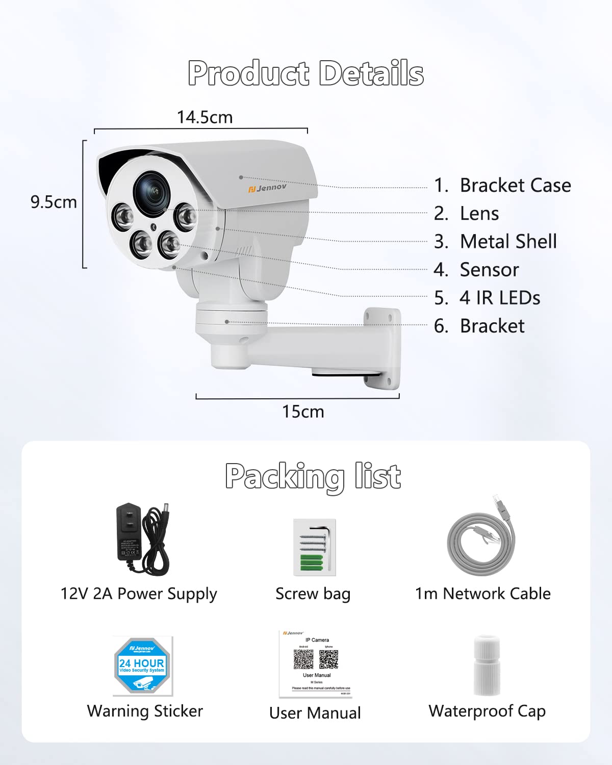 Jennov 5MP POE Outdoor Security Camera with 5X Optical Zoom | 260° Pan-Tilt View | 68ft Night Vision | Human Detection | IP66 Weatherproof | for Home & Business Surveillance (Works with Videolink APP)