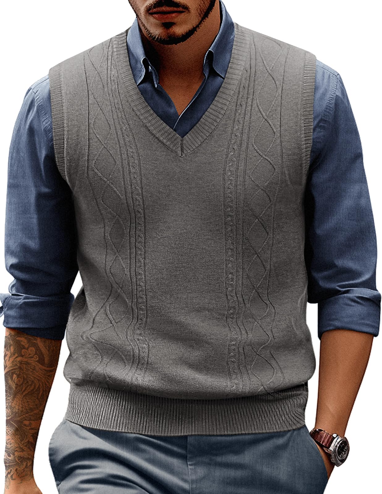 PJ PAUL JONES Men's Slim Fit V-Neck Cable Knit Sweater Vest - Warm Winter Pullover for Office, Casual Outfits & Layering