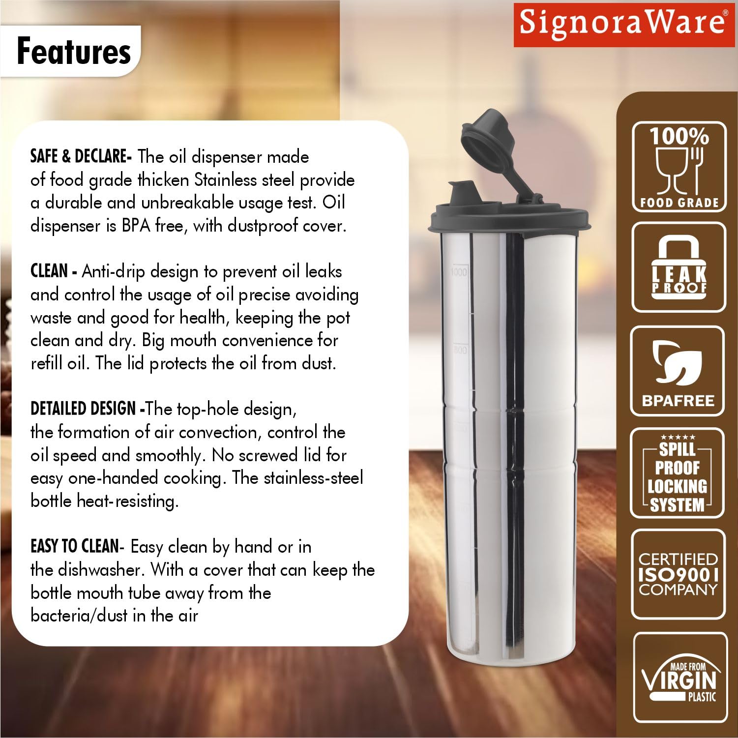 SIGNORA WARE 1.1L Stainless Steel Oil Dispenser Bottle with Lid - Leak Proof, Food Grade, 1100ml - Perfect for Kitchen, Salad Dressing, Olive Oil & Vinegar Pouring (Black, 1 Pack)