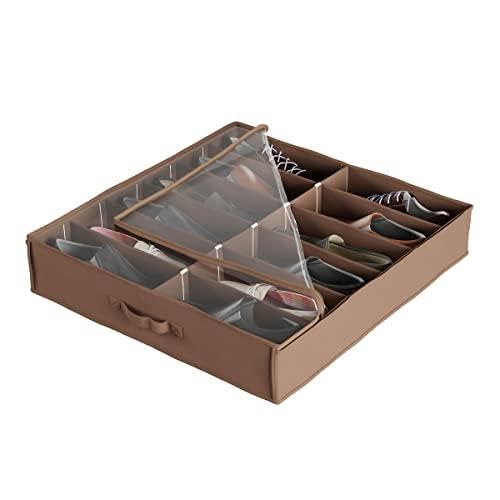 Under Bed Shoe Storage Organizer - Set of 4 Clear Zippered Shoe Boxes Holds 12 Pairs Each - Space Saving Closet & Bedroom Organization Solution by Everyday Home (Brown) - Perfect for Small Spaces, Dorm Rooms & Seasonal Shoe Storage