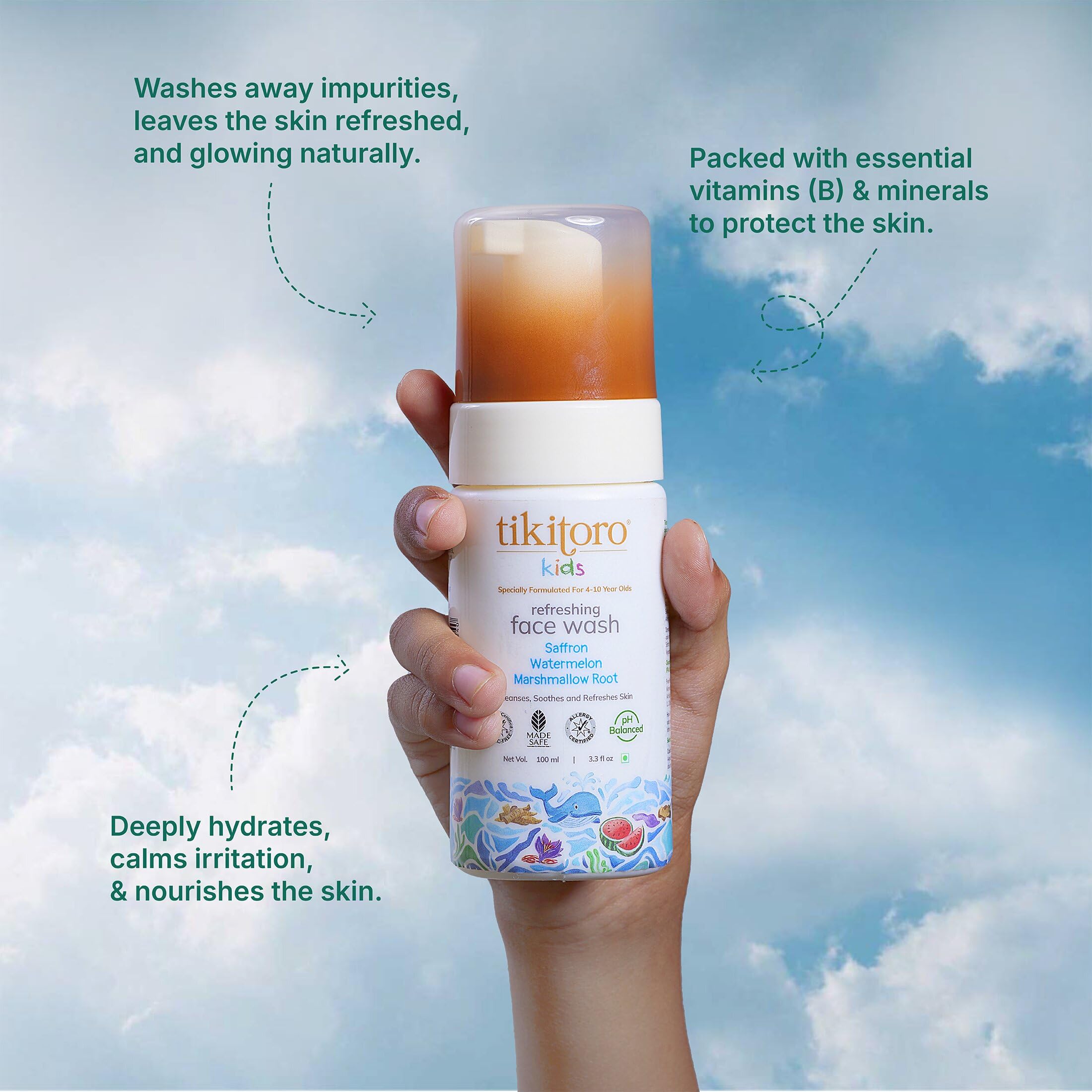 Tikitoro Kids Refreshing Face Wash - 100% Vegan with Saffron, Watermelon & Marshmallow Root | Gentle Cleansing, Purifying & Moisturizing for Sensitive Skin | Paraben & Sulfate Free (100ml) | Perfect for Daily Skincare Routine & Travel