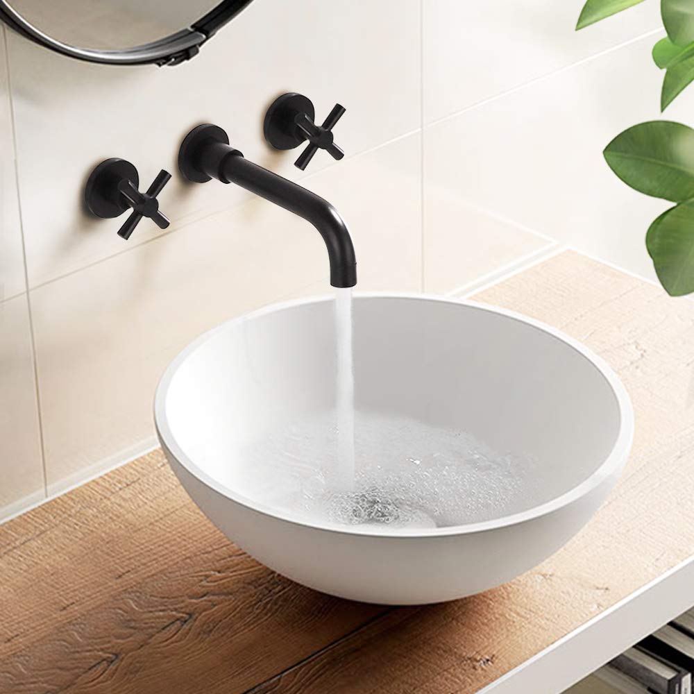 Copper Cross Handle Wall Mount Bathroom Sink Faucet - Matte Black Mixer Tap with Casting Faucet Valve (Model DR-4831B) for Modern Bathroom, Powder Room, and Guest Bath Decor