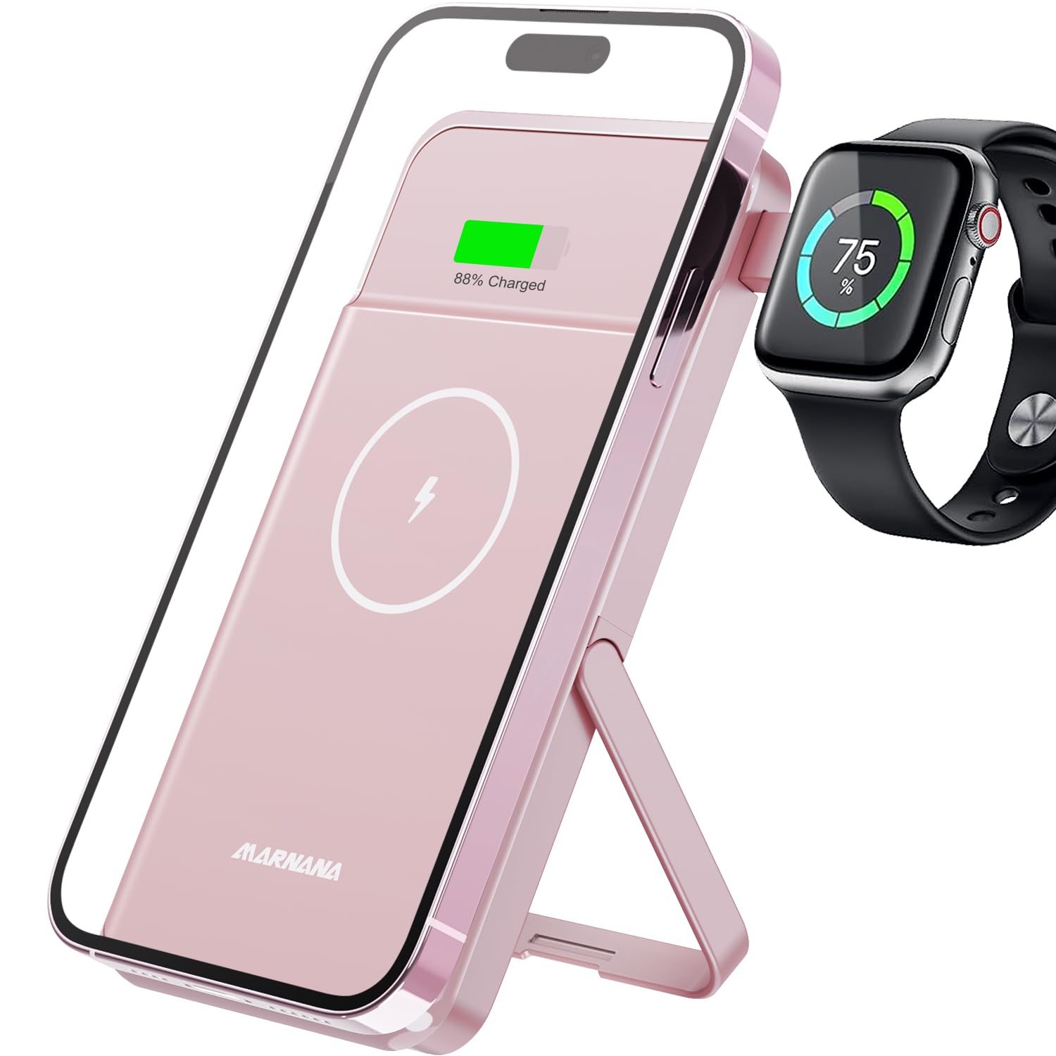 10000mAh Magnetic Wireless Power Bank with Apple Watch Charger - Fast Charging Portable Battery for MagSafe iPhone 12/13/14/15 & Apple Watch, Foldable Stand Design - Pink | Perfect for Travel, Work & On-the-Go Charging
