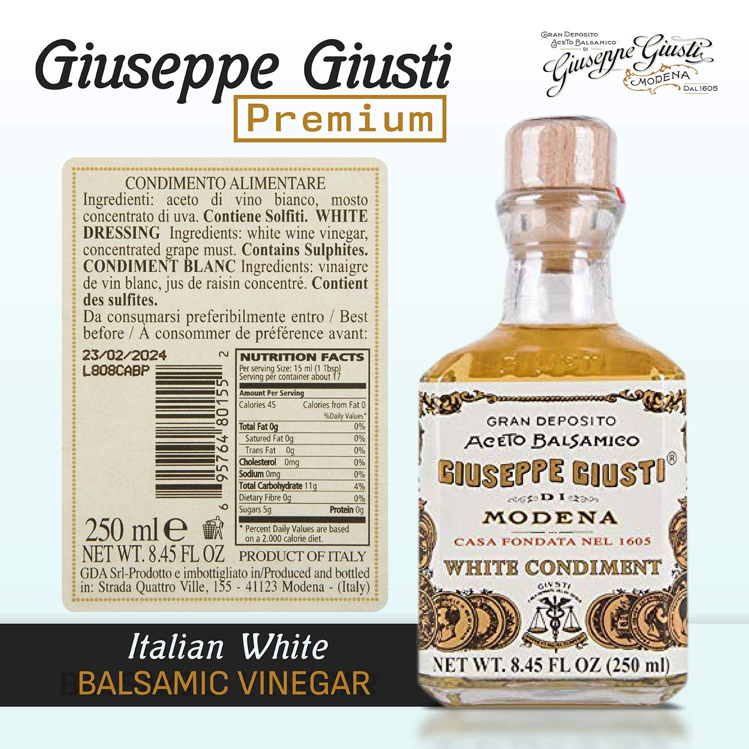 Premium Giuseppe Giusti Balsamic Vinegar of Modena Gift Set - Gran Deposito & White Balsamic Vinegar (2 x 8.45 fl oz) - Authentic Italian Gourmet Condiment in Elegant Gift Box - Perfect for Salads, Cheese Pairing & Gourmet Cooking