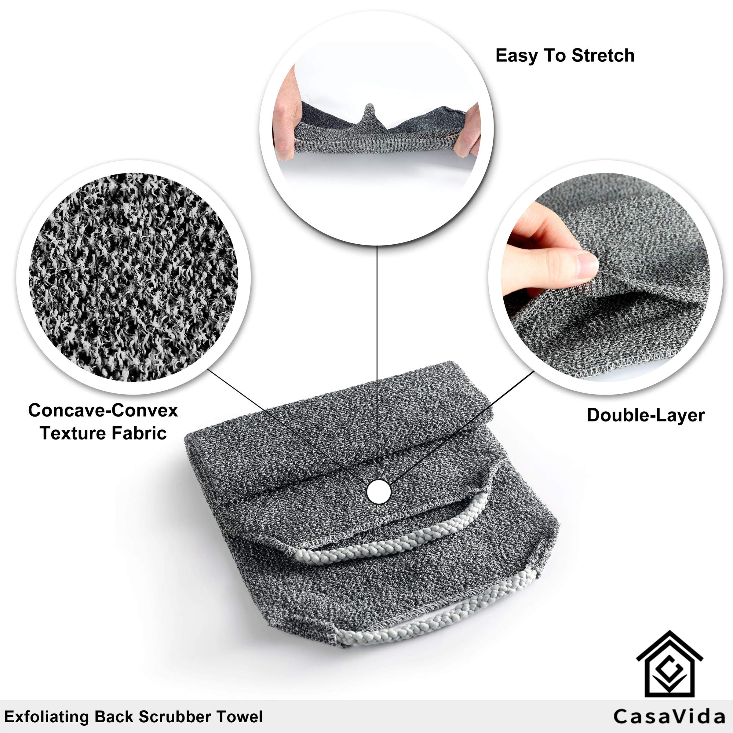 CASAVIDA Back Scrubber for Shower - 2 Pack Exfoliating Washcloth with Stretchable Strap, Nylon Bath Towel Washer for Deep Cleansing & Body Exfoliation (Jean Blue + Wine Red) - Perfect for Spa, Bath & Relaxation at Home