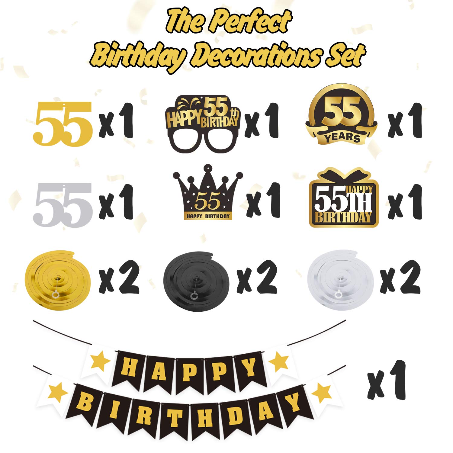 LINGTEER Happy 55th Birthday Decorations Set - Swirl Streamers, Banner & Backdrop for 55th Birthday Party Decor | Perfect for Milestone Celebrations, Retirement Parties & Golden Anniversary Decorations