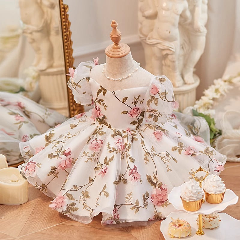 Elegant Baby Mesh Puff Sleeves Floral Dress for Birthday Party, First Communion, Christening & Special Occasions - Toddler Girls' Formal Outfit