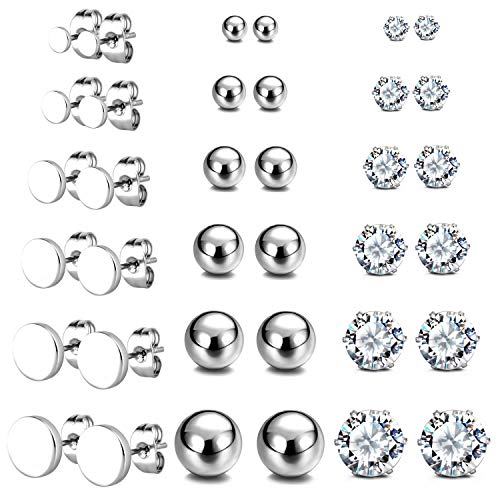 18 Pairs - Silver Color Flat & Ball + White CZ Stud