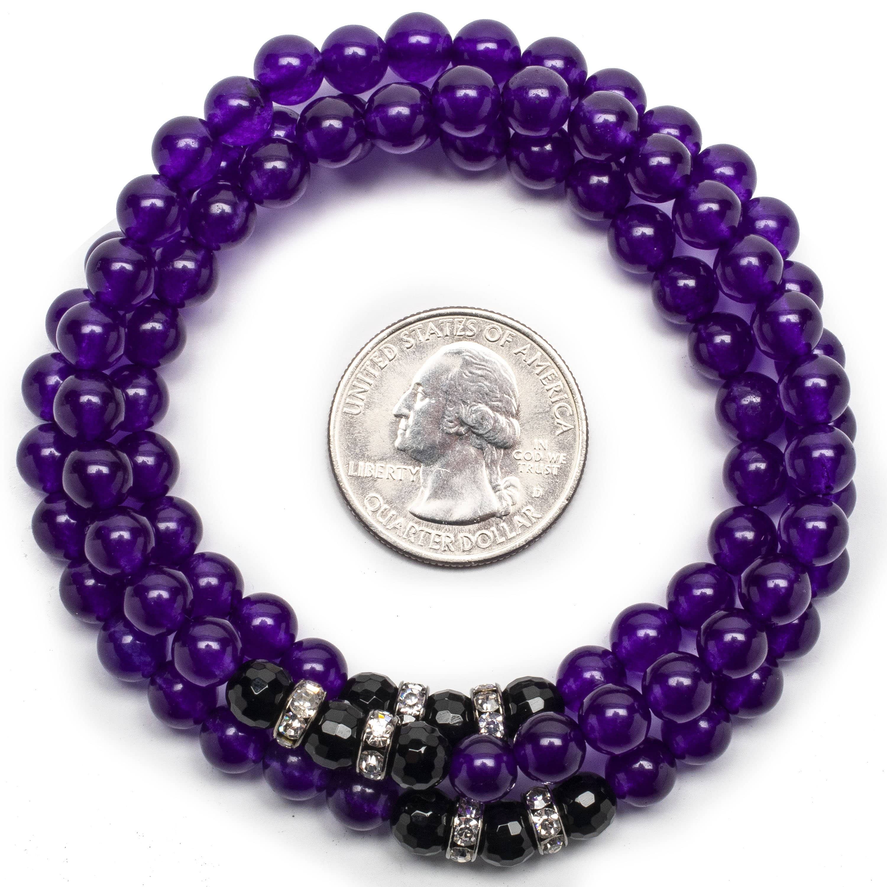 6mm Amethyst Black Agate Crystal Accent Beads Triple Wrap Stretch Bracelet - Spiritual Healing, Yoga Meditation & Boho Fashion Jewelry