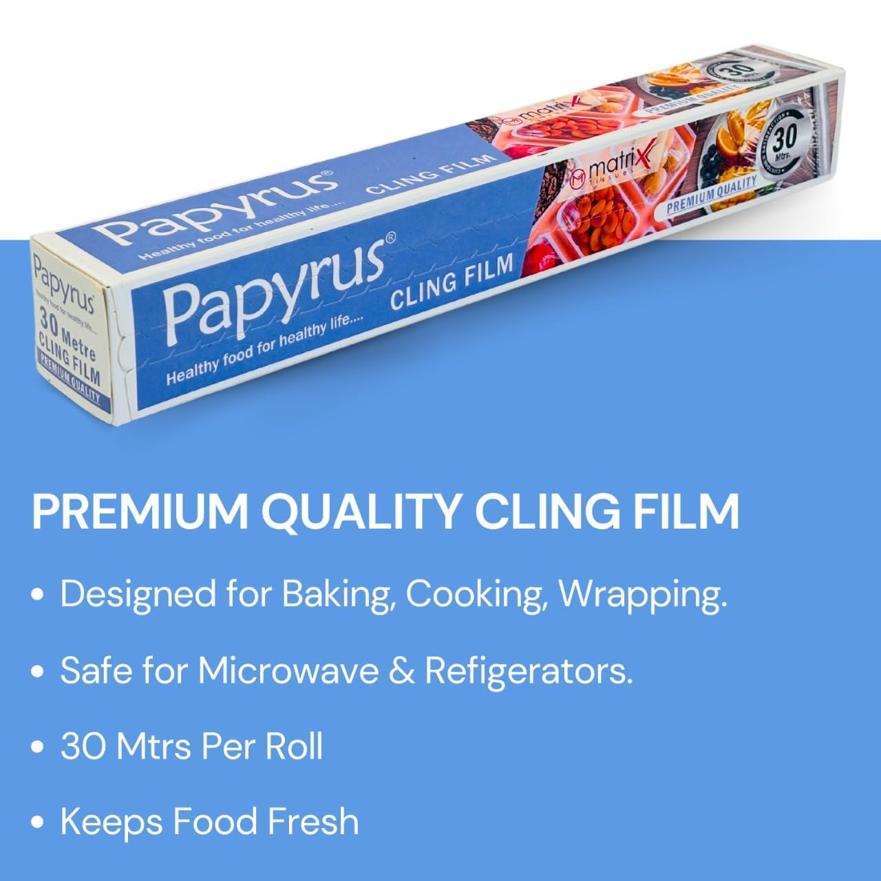 Premium Papyrus Food Wrap Cling Film - 30m Roll for Fresh Food Storage, Meal Prep & Leftovers | BPA-Free Plastic Wrap for Vegetables, Fruits, Sandwiches & More | Ideal for Kitchen, Picnics & Lunch Box Packing (Transparent, 1 Pack)