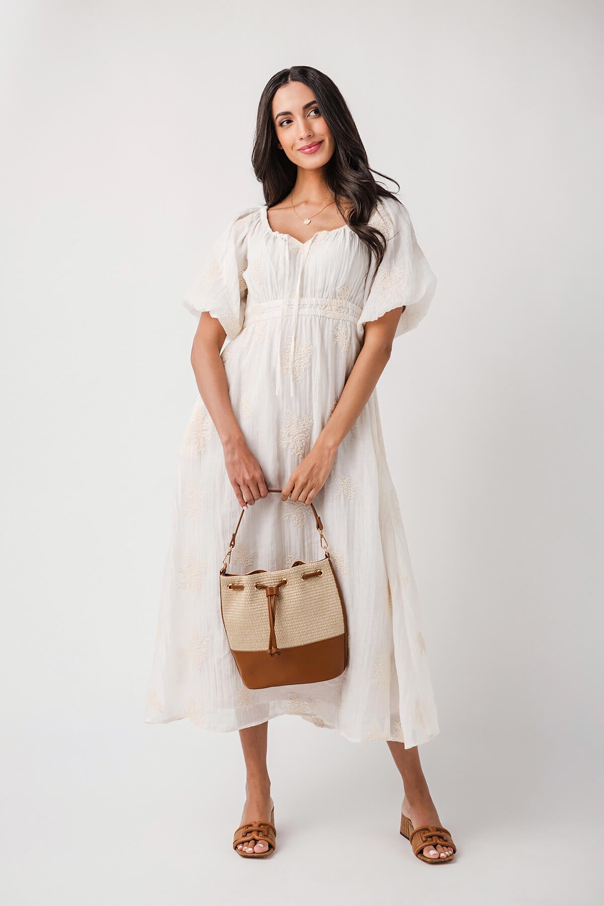 Floral Embroidered Puff Sleeve Midi Dress for Women - Elegant Summer Party & Wedding Guest Dress - Perfect for Garden Parties, Date Nights & Special Occasions