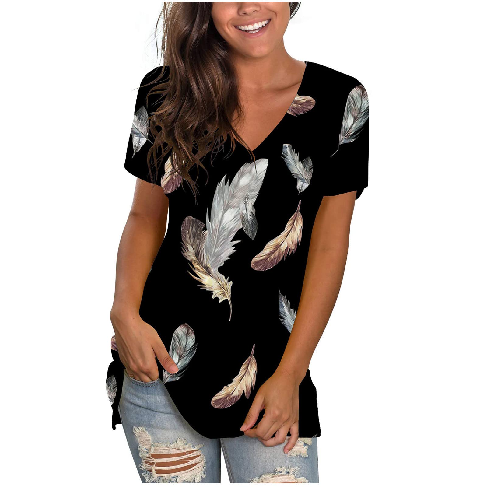 Women's Floral Print V-Neck Short Sleeve T-Shirt - Summer Casual Blouse Tee for Plus Size - Perfect for Beach Outings, Weekend Wear & Vacation Essentials