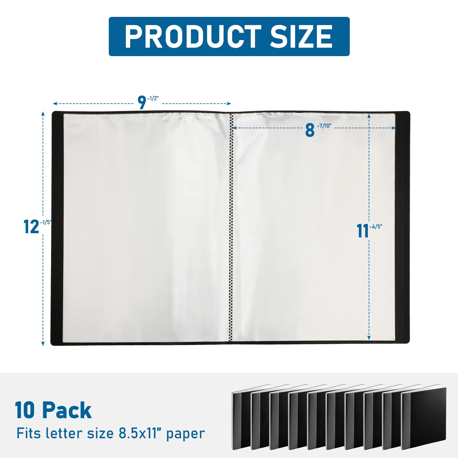 10-Piece Black Portfolio Binder Set with 30 Plastic Sleeves & 60 Pages - A4 Document Presentation Folder for Artwork, School Projects, Business Reports & Office Organization