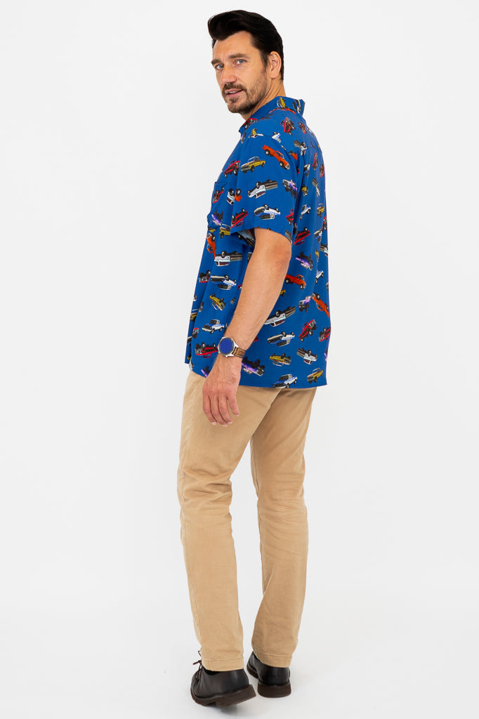 Dinosaur Print Shirt for Kids - Blue Truck Design, Soft Woven Bamboo Fabric - Perfect for Playdates, School & Outdoor Adventures