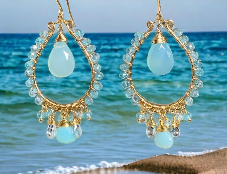 Aqua Chalcedony Gold Fill Hoop Chandelier Earrings with Apatite - Elegant Boho Jewelry for Women, Perfect for Weddings, Parties & Special Occasions