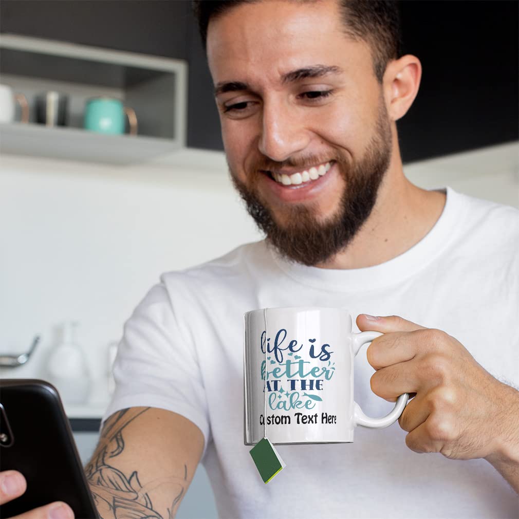 Custom Funny Fishing Ceramic Coffee Mug 11oz - Personalized Text - Life is Better at The Lake - White Tea Cup for Fishing Enthusiasts | Perfect Gift for Anglers, Camping Trips & Lakeside Relaxation