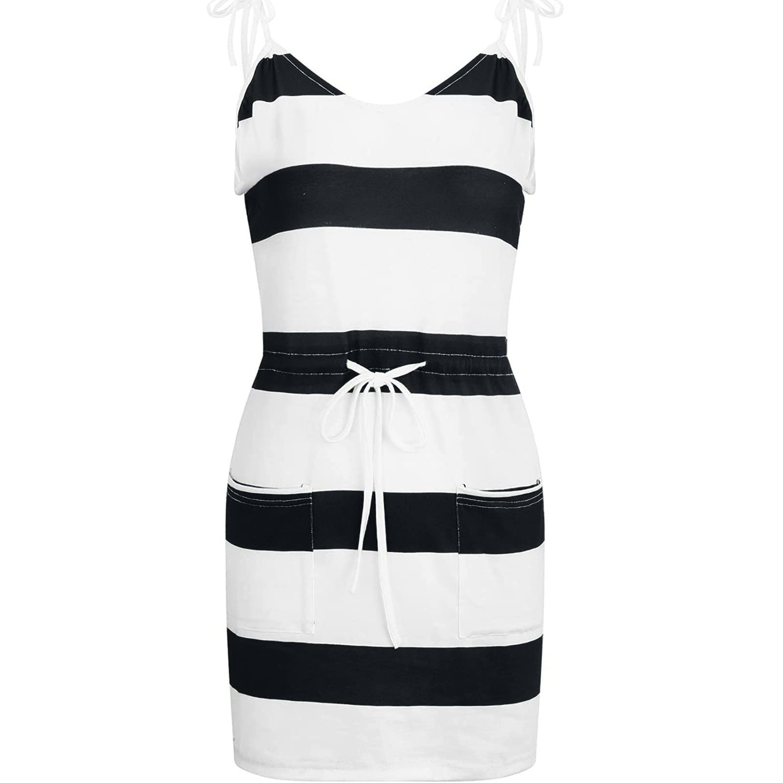 Women's Casual Cocktail Dress - Sleeveless Striped Mini Dress with Pockets for Summer, Beach & Party Wear | Perfect for Outdoor Events, Vacations & Night Out