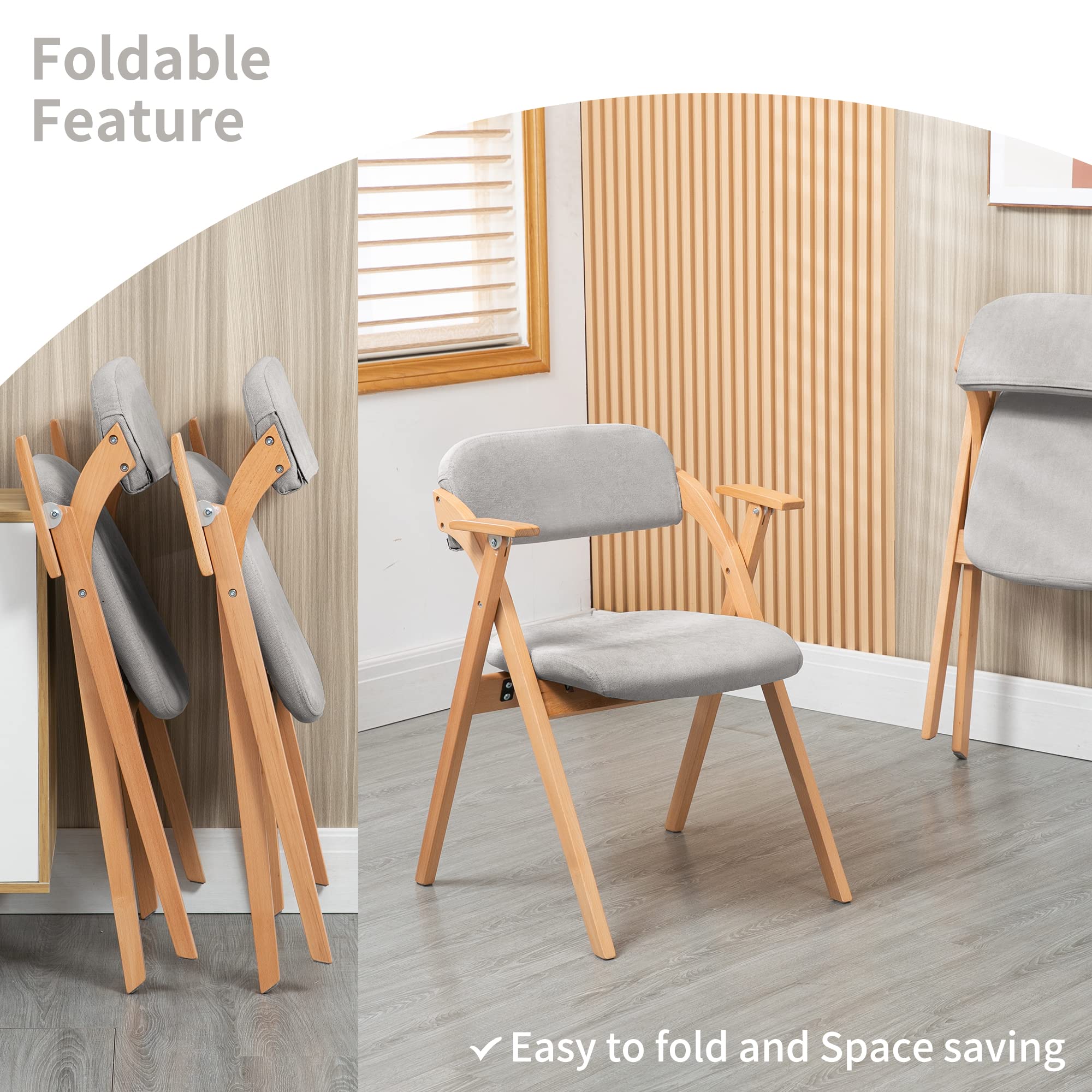 HOMEFUN 2-Pack Wooden Folding Chairs with Armrests & Padded Seats - Stackable Space-Saving Dining Chairs for Kitchen, Office, Wedding, Party & Guest Seating (Gray) - Perfect for Indoor & Outdoor Events, Home Decor & Compact Living Spaces