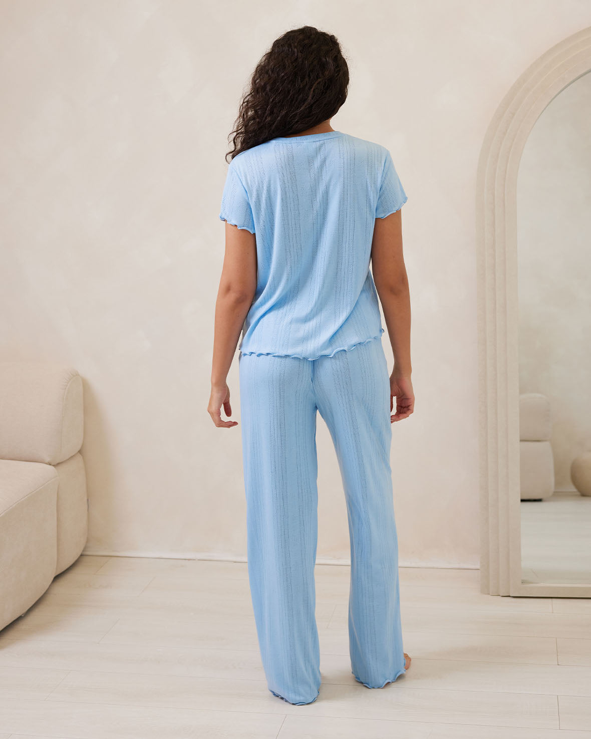Pointelle Long Sleeve Pajama Set for Women - Soft & Comfortable Sleepwear, Light Blue - Perfect for Relaxing at Home, Lounging & Overnight Stays
