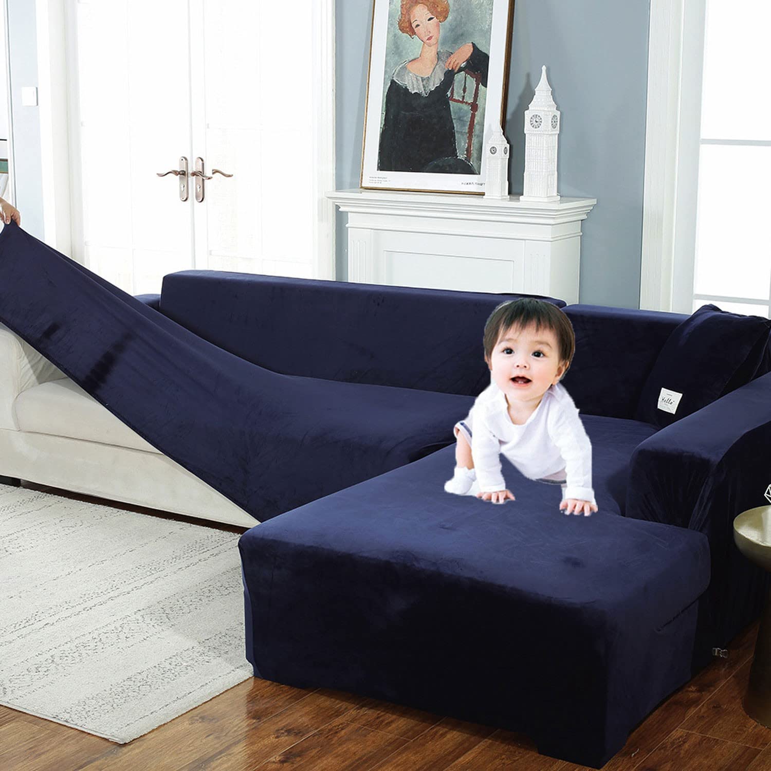 Stretch L-Shaped Sectional Sofa Slipcover - 3 Cushion Couch Cover for Living Room | Pet & Kid Friendly Furniture Protector (Blue, 2+4 Seat) | Perfect for Family Homes with Dogs & Kids