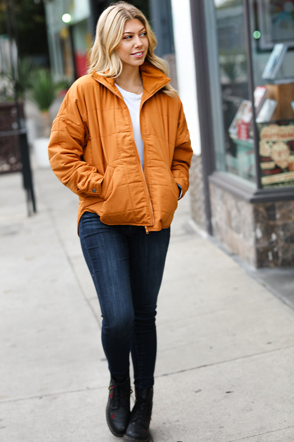 Butterscotch Quilted Puffer Jacket for Women - Warm Winter Coat with Stand Collar | Stylish Outerwear for Cold Weather, Outdoor Activities & Daily Commute
