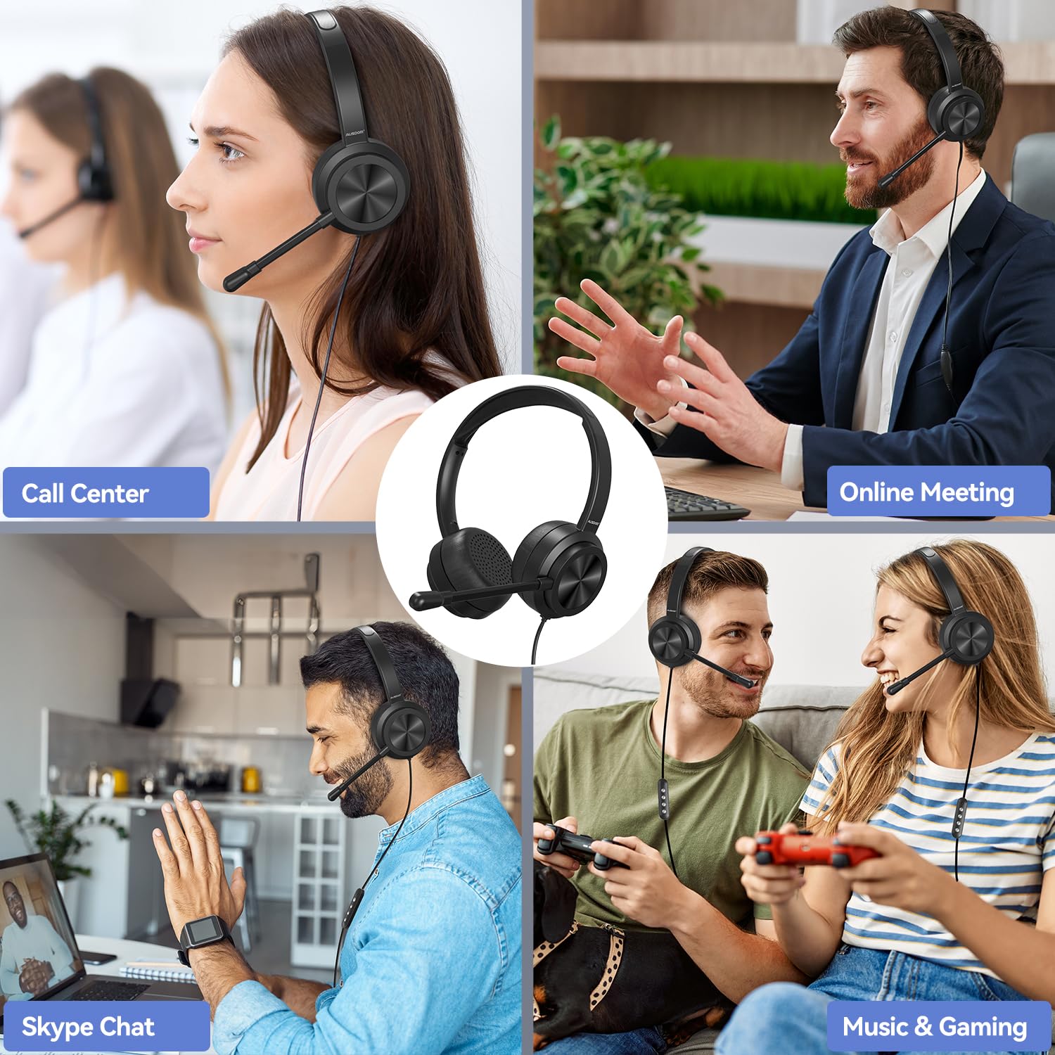 AUSDOM USB Computer Headset with Microphone - Noise Cancelling Wired Headphones with In-line Controls, 3.5mm/USB-A/USB-C Compatible for PC, Laptop, Phone | Perfect for Home Office, Online Classes, Zoom/Skype Meetings & Gaming