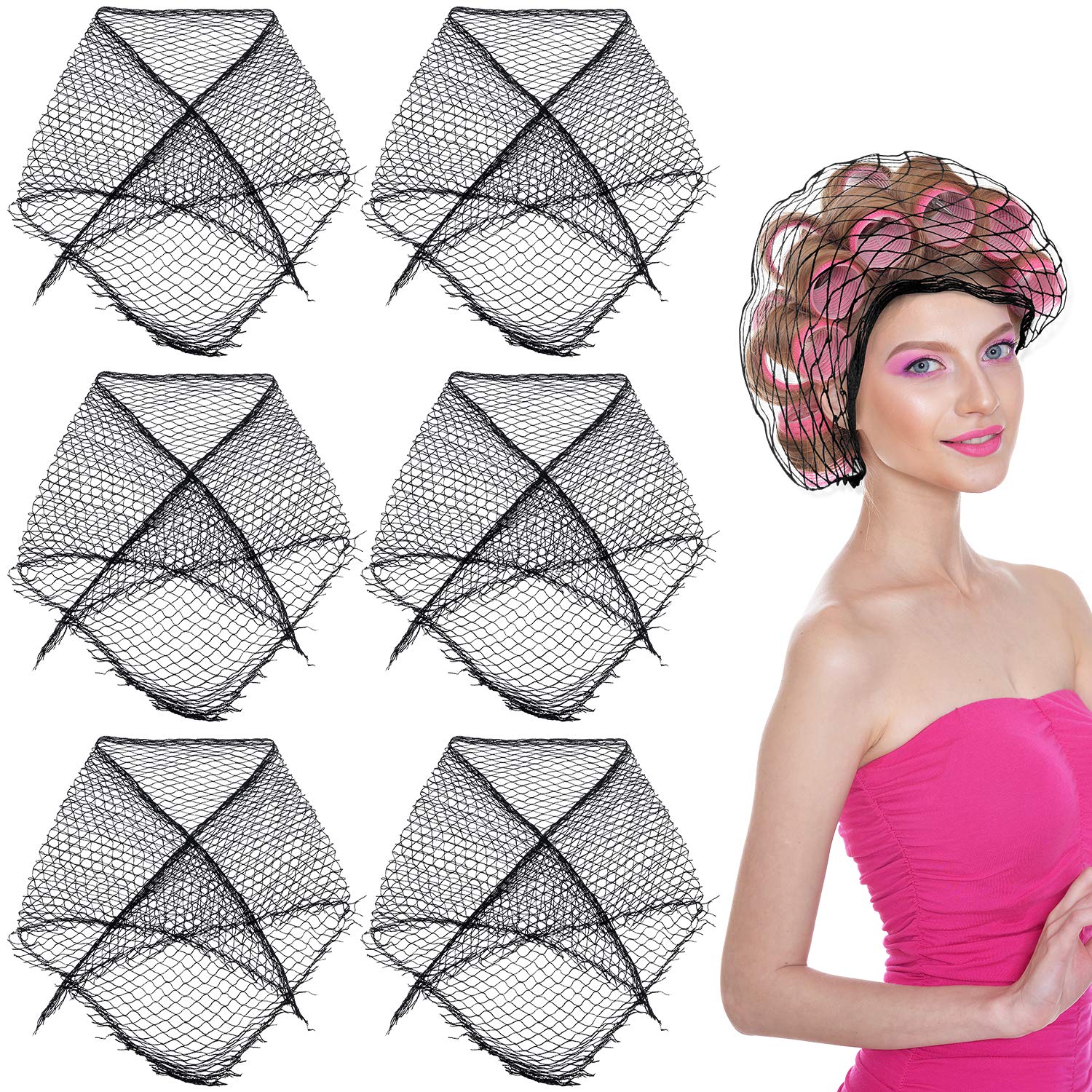 OIIKI 6PCS Black Cotton Triangle Hair Net for Rollers with 36PCS Hair Pins - Breathable Mesh Hair Cover for Women, Sleeping & Salon Styling (35