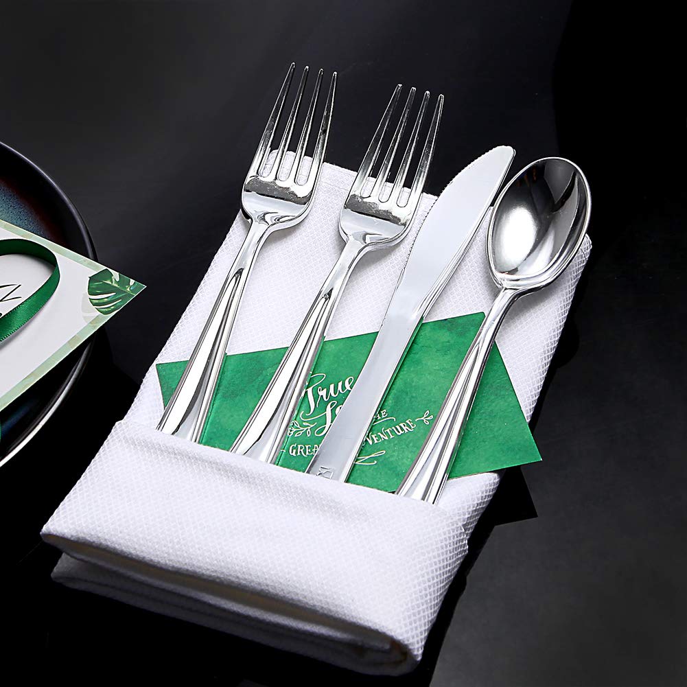 Nervure 300-Piece Silver Plastic Cutlery Set - Heavy Duty Disposable Flatware Includes 100 Forks, 100 Knives, 100 Spoons - Perfect for Parties, Weddings, Catering, Picnics & Outdoor Events