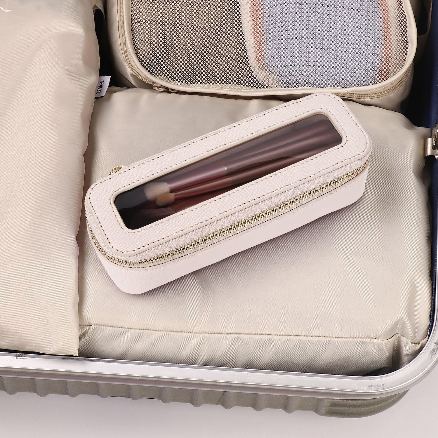 Clear Travel Makeup Brush Case - Slim Zippered Cosmetic Bag for Women | Car & Toiletry Organizer