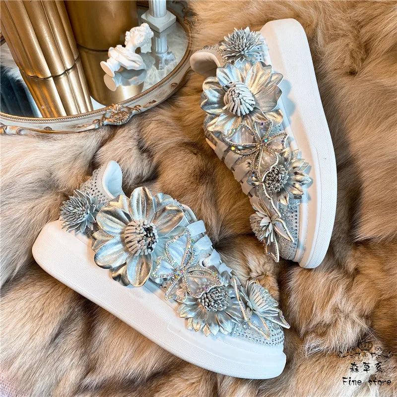 Women's Silver Butterfly Bow Crystal Sneakers - Stylish Platform Shoes with Diamond & Floral Accents | Comfortable Fashion Footwear for Parties, Weddings & Everyday Wear