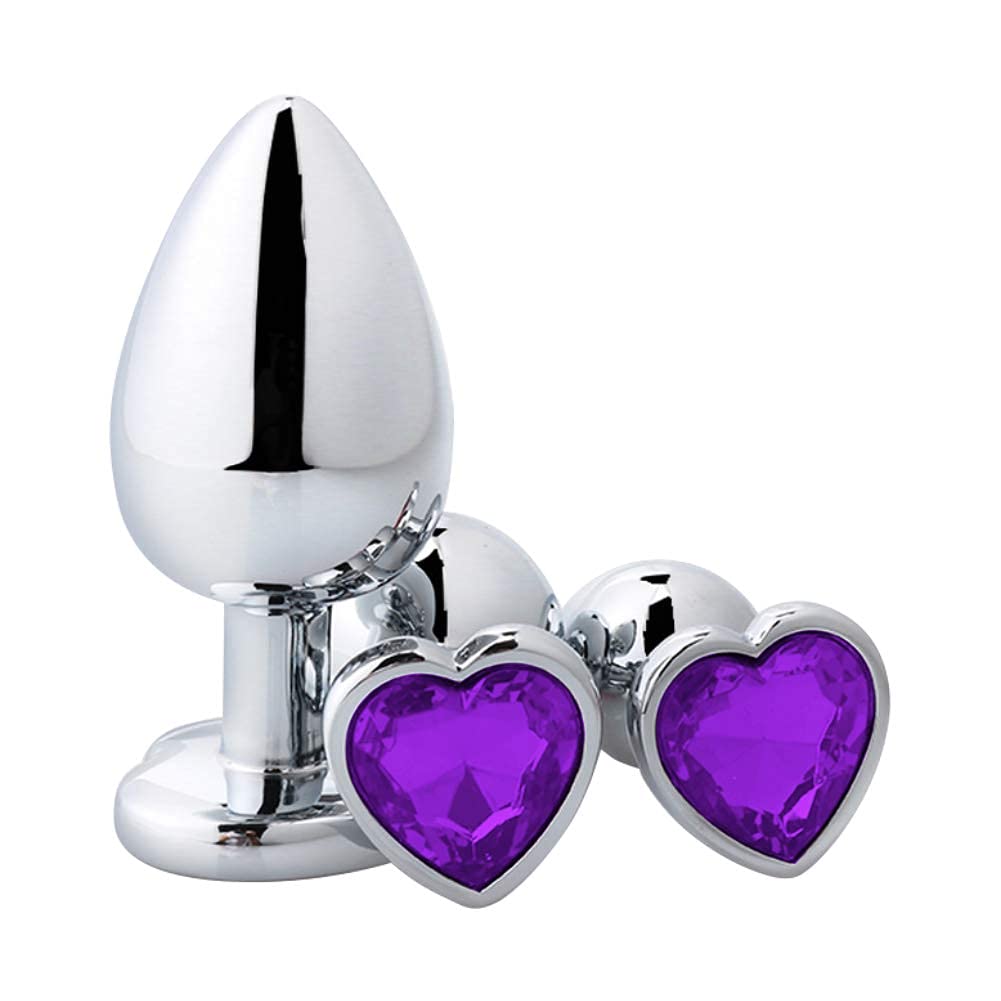3-Piece Metal Anal Plug Trainer Kit with Heart-Shaped Jewelry - Beginner to Advanced Unisex Sex Toy for Valentine's & Birthday Gifts - Deep Purple - Perfect for Couples Play, BDSM, and Solo Exploration