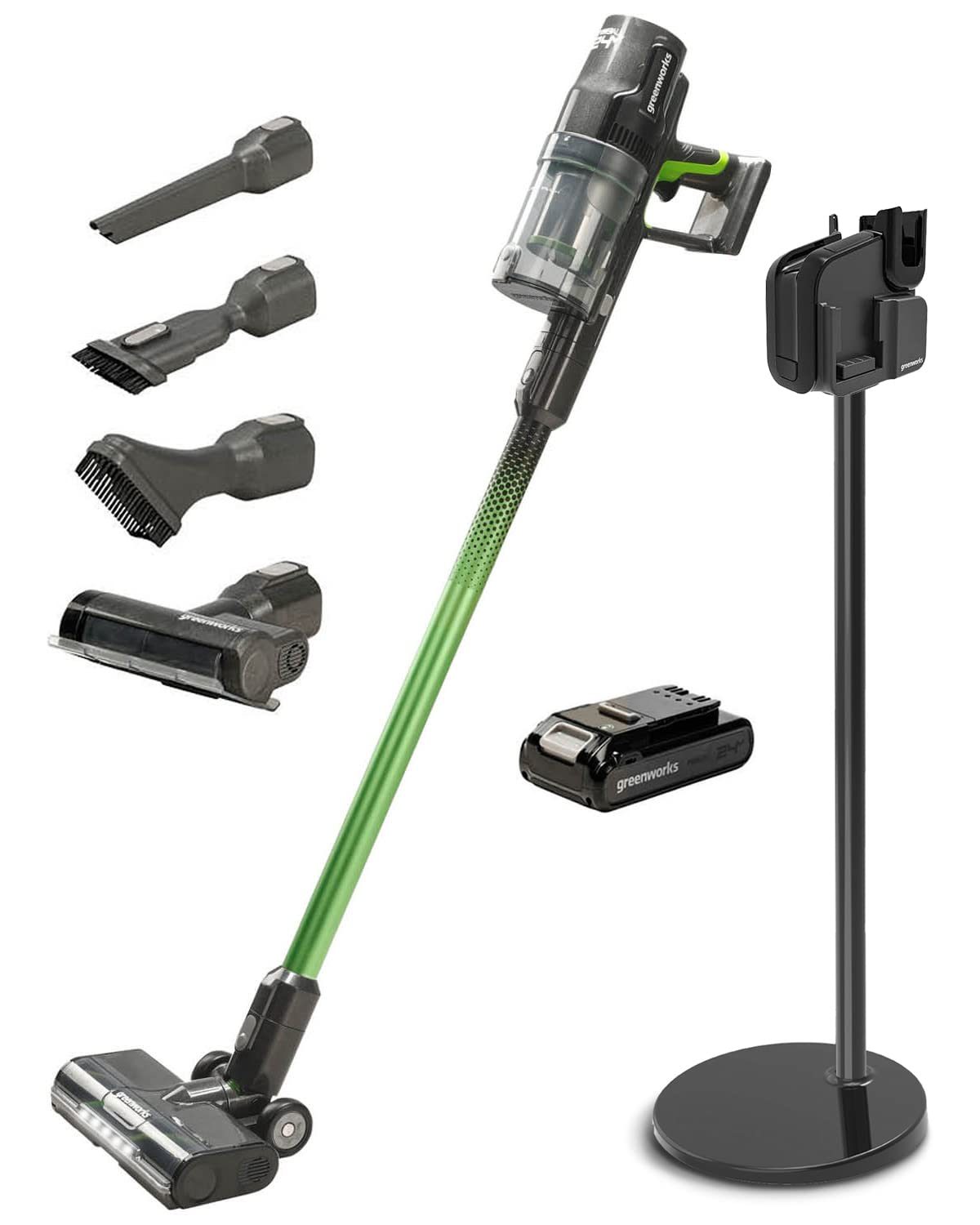 GreenWorks 24V Brushless (500W) Cordless Stick Vacuum Cleaner with Super Charger & Stand - Powerful Lightweight Handheld Vac for Hardwood Floors, Carpets & Pet Hair (Black)