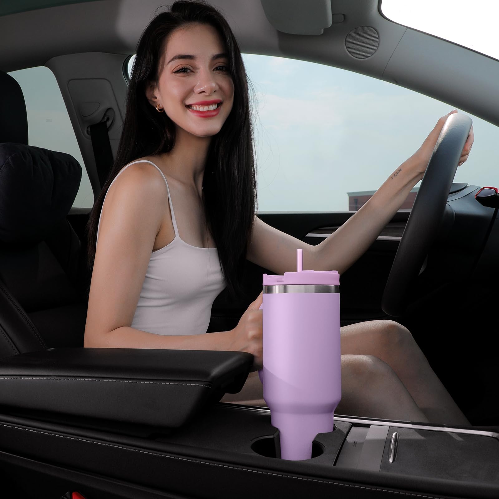 40oz Stainless Steel Tumbler with Handle - Double Wall Vacuum Insulated Water Bottle, Leak Proof Lid & Straw for Iced/Cold Drinks - Keeps Beverages Hot or Cold for Hours - Perfect for Gym, Office, Travel & Outdoor Activities (Lavender Purple)