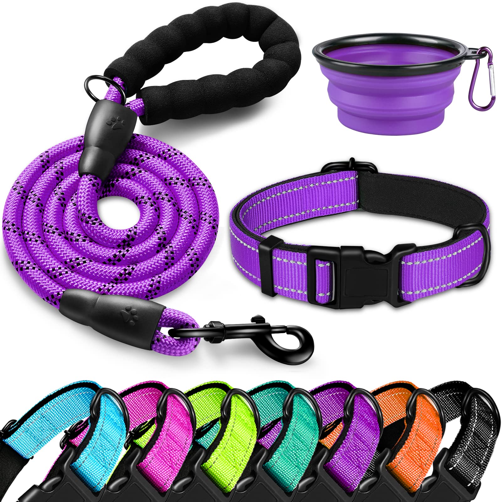 DOYOO Reflective Adjustable Dog Collar and Leash Set - Soft Neoprene Padded Nylon Collar with Quick Release Buckle for Small, Medium & Large Dogs | Includes Collapsible Pet Bowl | Perfect for Walking, Training & Outdoor Adventures